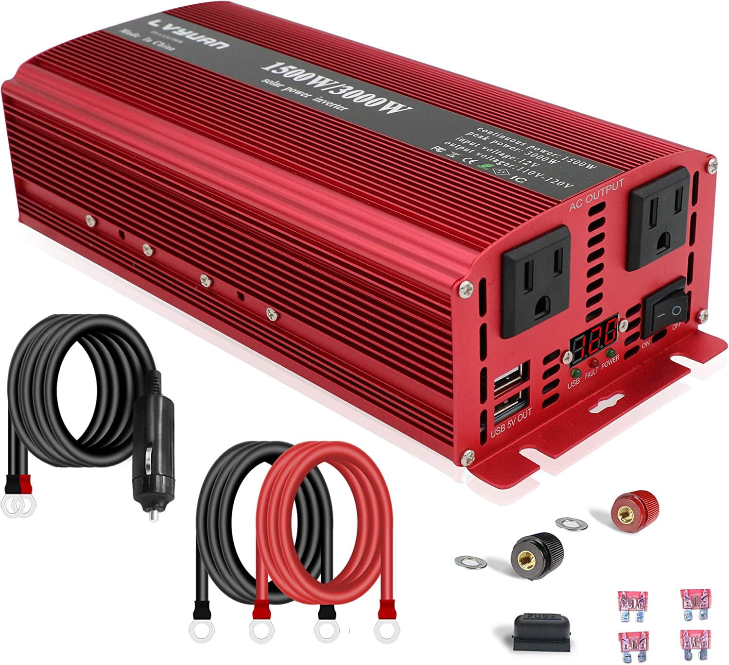 Yinleader 1500 Watts Power Inverter Dual AC Outlets and Dual USB DC 12V to 110V AC Converter with Digital Display