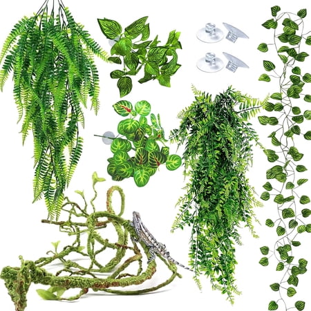 Reptile Plants for Terrarium Tank – Bearded Dragon Tank Accessories, Artificial Hanging Plant Vines, Habitat Decor & Hide for Crested Gecko, Lizard, Snake, Chameleon and Ball Pythons(Group B)