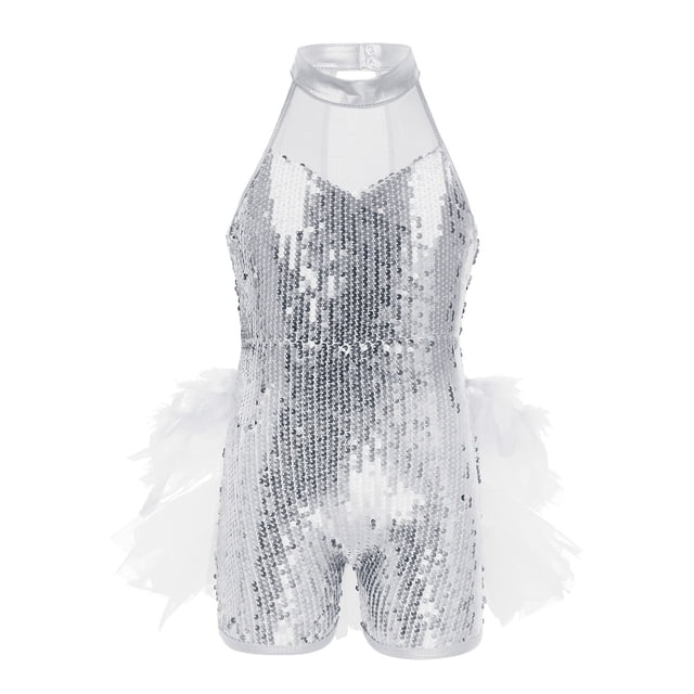 vastwit Robe de Danse Latine Jazz à Paillettes pour Filles, Justaucorps, Costume de Performance, Blanc 14