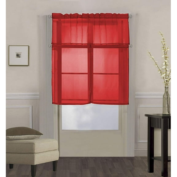 Decotex 3 Piece Solid Sheer Voile Kitchen Window Curtain Tier & Valance Set (36" Tiers with 18" Straight Valance, Red)