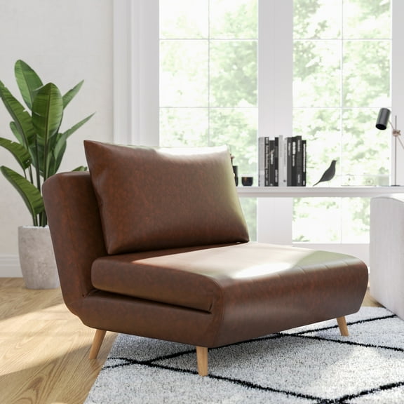 Merrick Lane Convertible Tri-Fold Sleeper Chair with Channel Stitching and Pillow in Brown Faux Leather