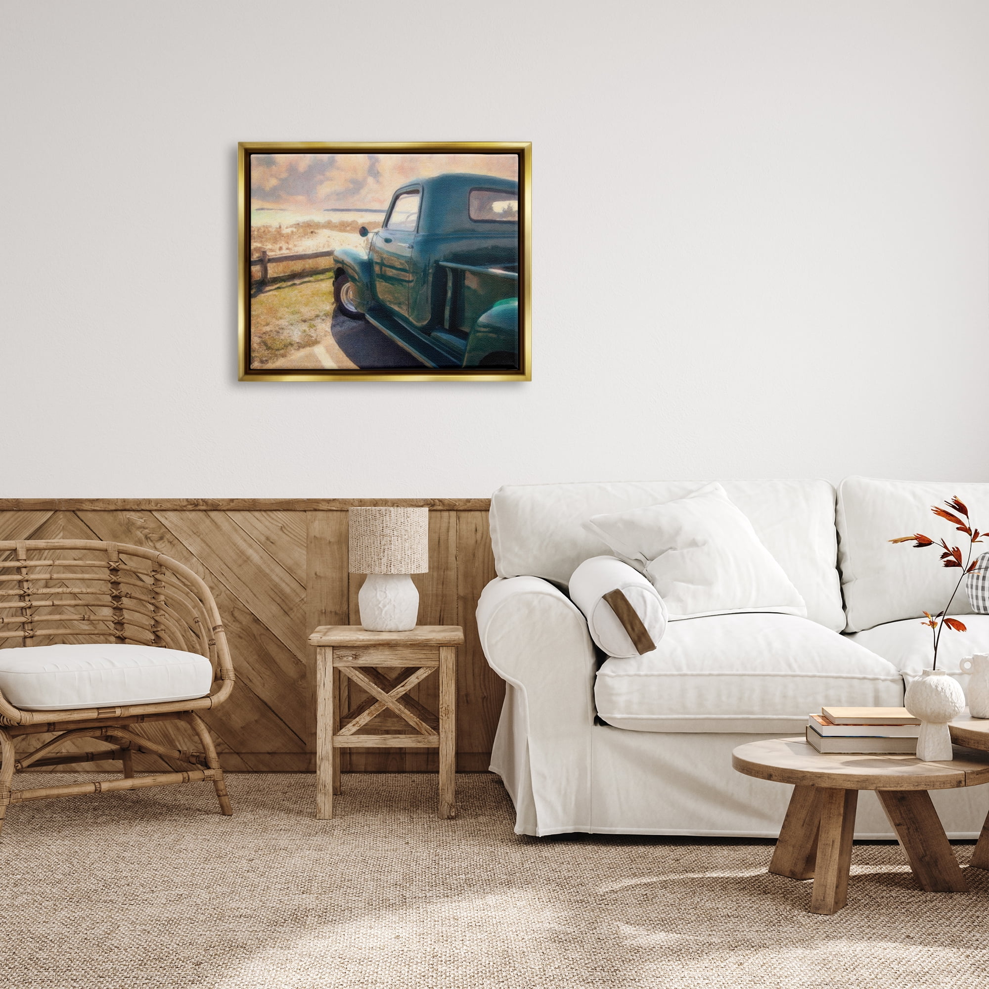 Stupell Industries Country Pickup Landscape Transportation Painting Gold Floater Framed Canvas Art Print Wall Art, 31 x 25
