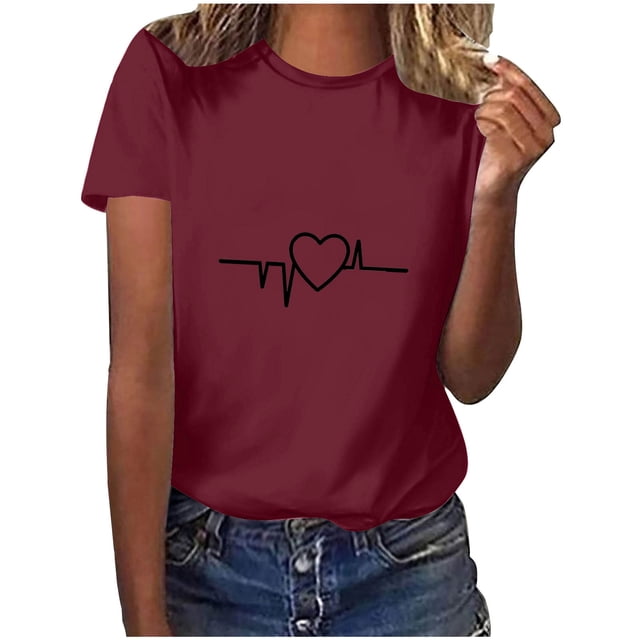 Diufon Hauts de la Saint-Valentin pour Femmes Tunique Décontractée à Manches Courtes Col Rond Chemisier Imprimé Graphique Mignon Tendance