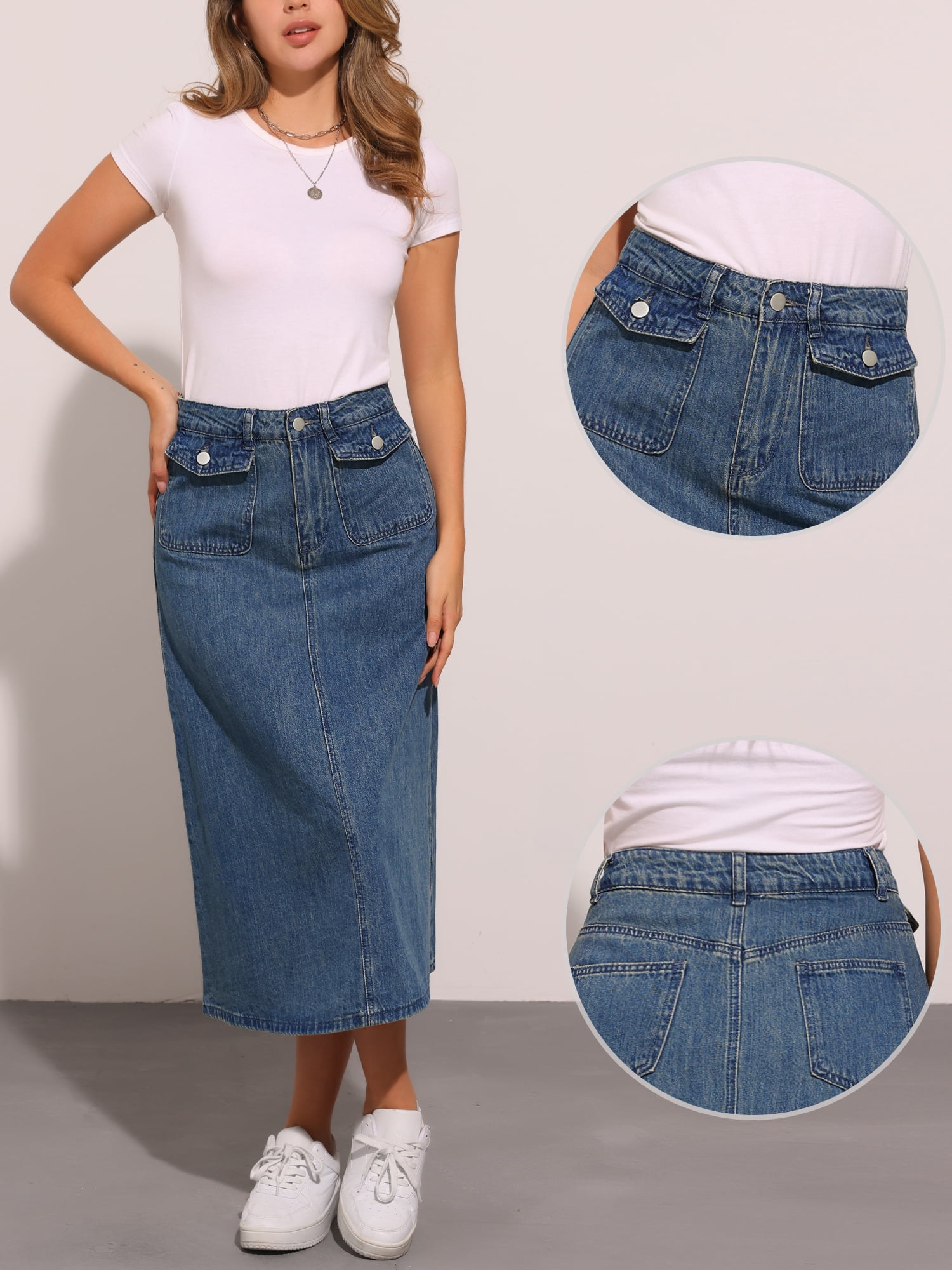 DARING DIVA Women's Flap Pocket A-Line Vintage Denim Maxi Skirt S Vintage Blue