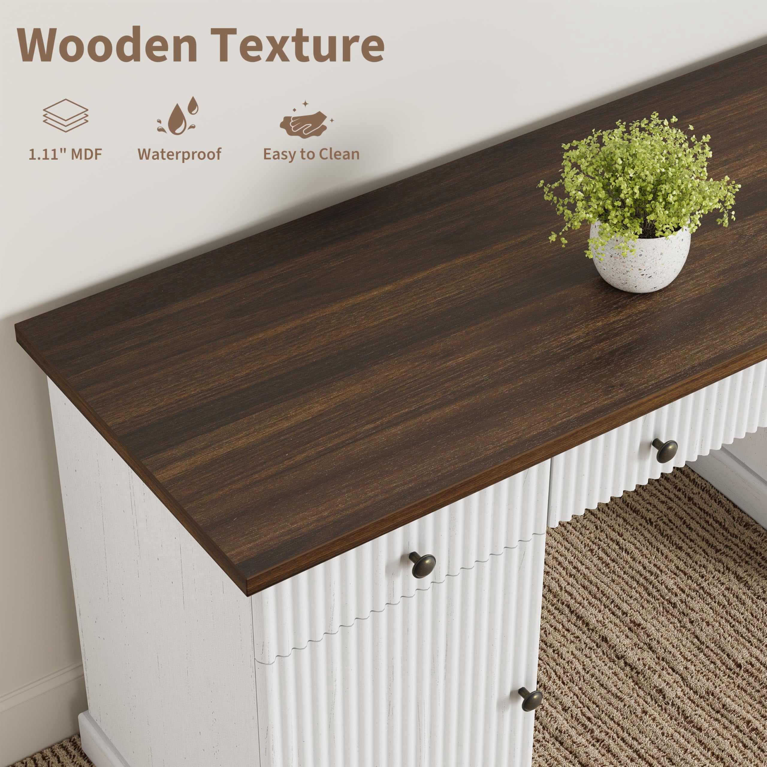 BouPower Executive Desk with File Drawers,60" Fluted Home Office Desk,Gaming Desk,Wood Computer Table for Home Office,Study,Living Room and Bedroom
