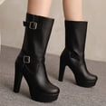 thumbnail image 5 of Black Solid Color Mid Calf Boots For Women With Belt Buckle And Platform Heel High Heel For A Fashionable Winter Look, 5 of 8