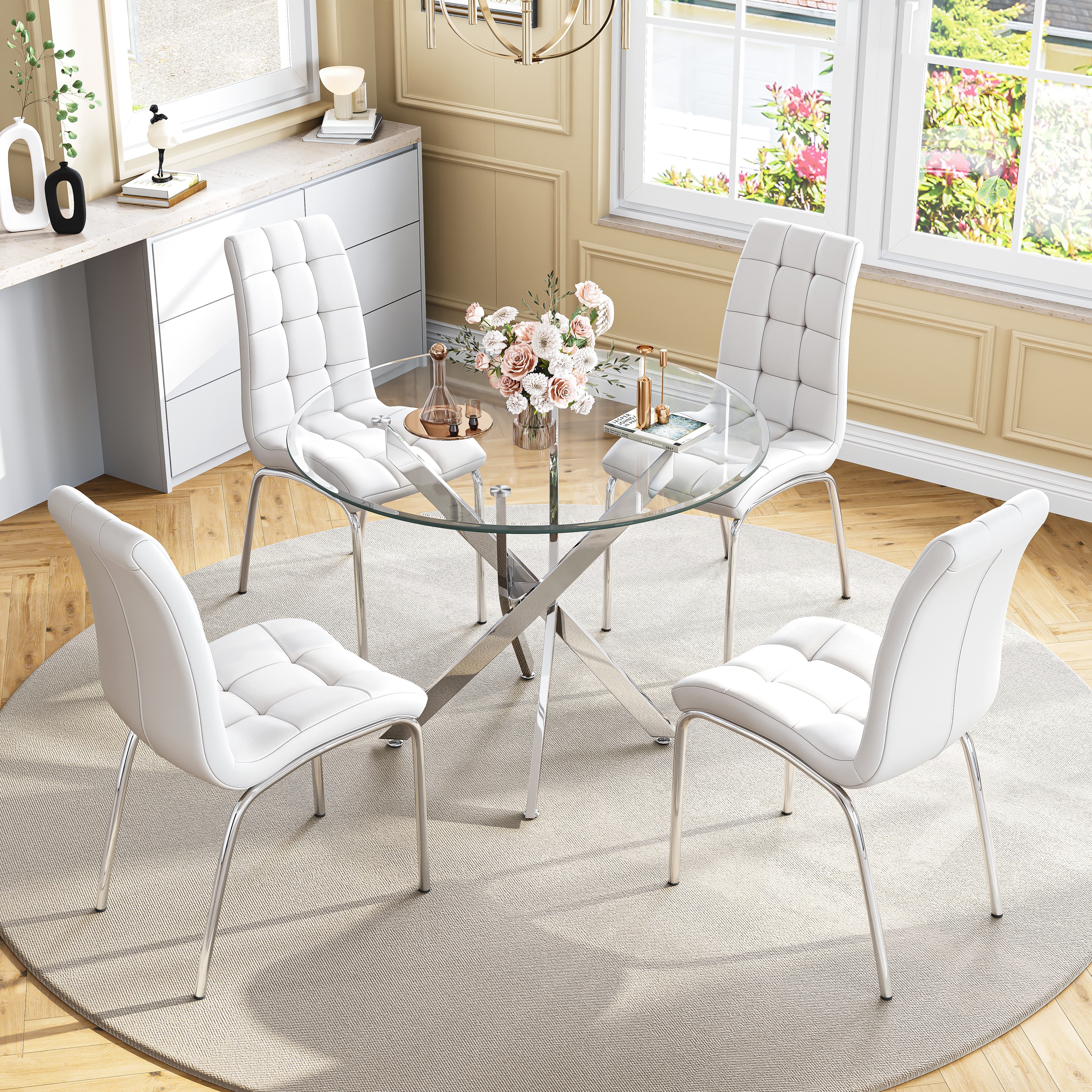 5-Piece 36" Round Glass Dining Set, Clear Tempered Glass Table & 4 PU Leather Chairs with Stainless Steel Legs for Kitchen, Meeting Room