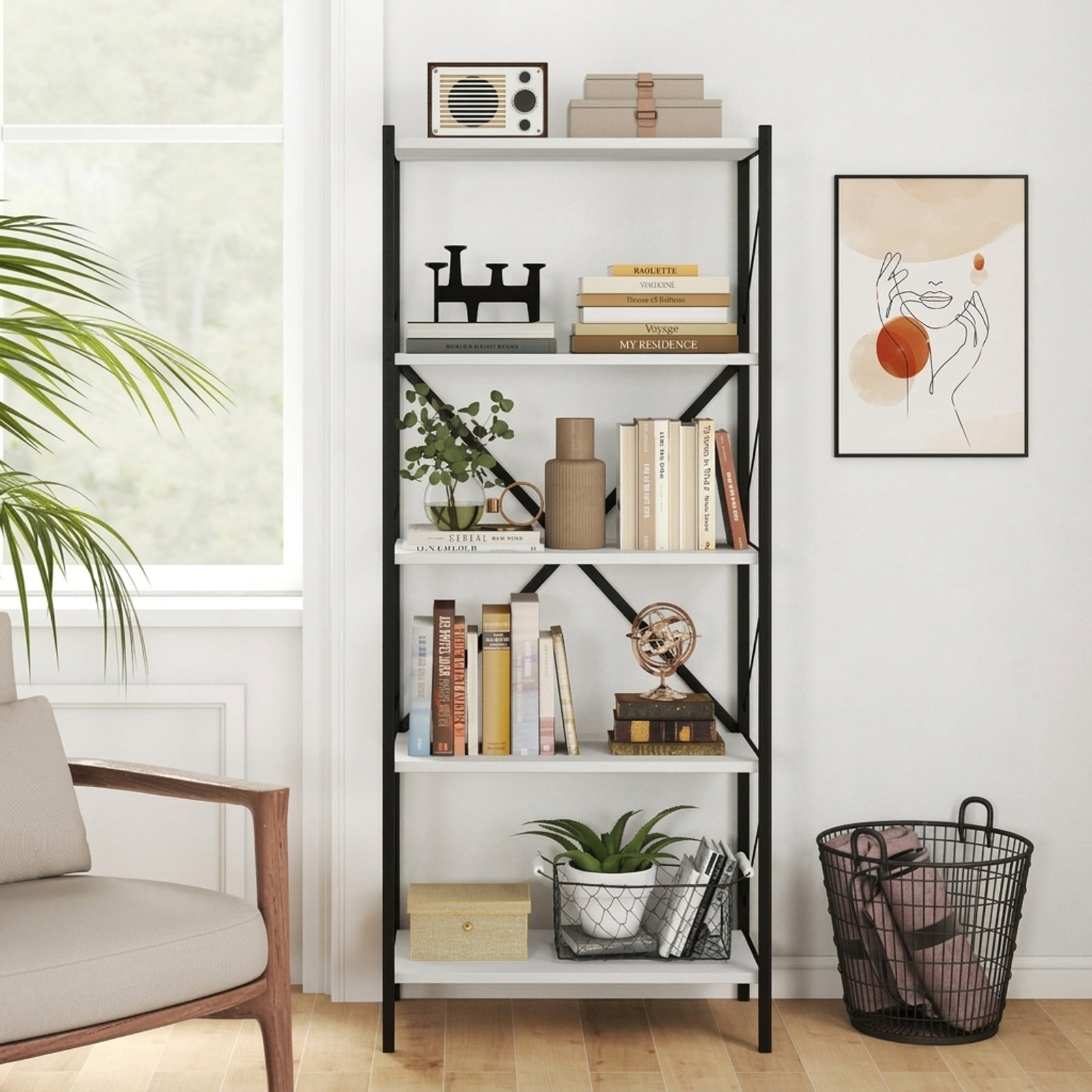 Furnibear 5-Tier Tall Bookshelf Industrial Bookcase with Heavy-Duty Metal Frame Modern Storage for Living Room Home Office Bedroom Display, White