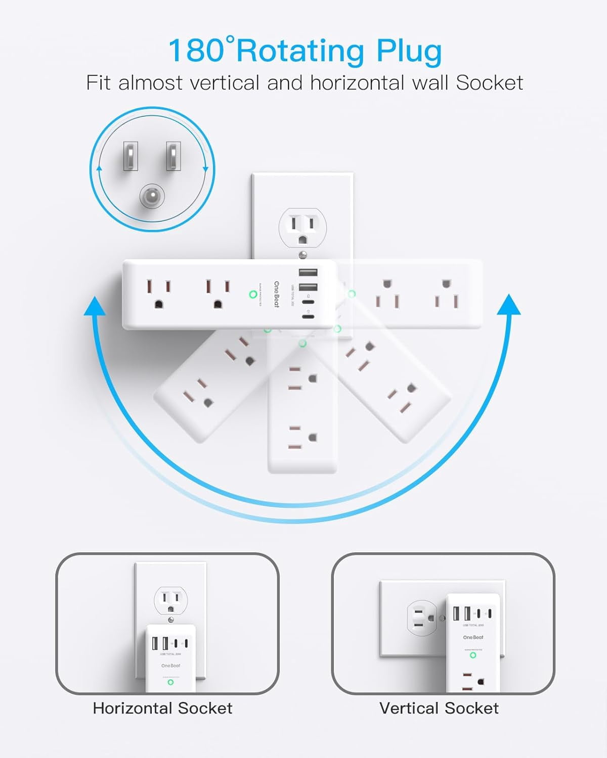 PD 20W Surge Protector Outlet Extender, 1800J Rotating Plug, 6 AC Outlets & 4 USB Ports(2 USB C), 3-Sided Swivel Power Adapter for Home Office Dorm