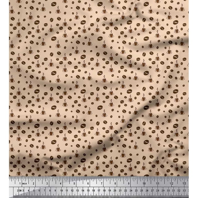Soimoi Modal Satin Fabric Coffee Beans & Coffee Beverages Print Fabric by The Yard 42 Inch Wide