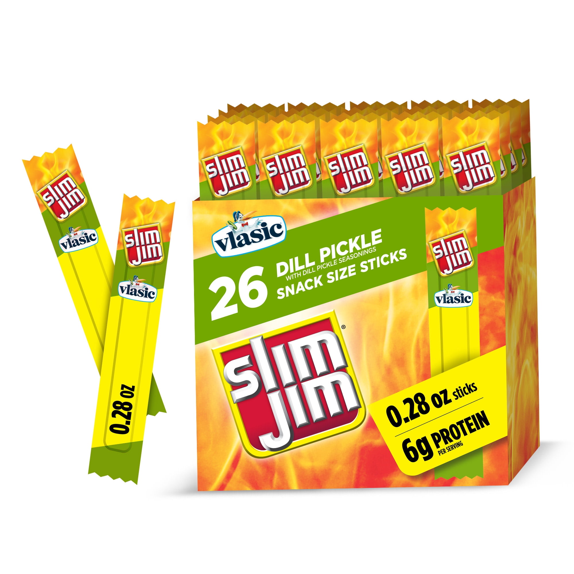 Slim Jim Smoked Jerky Meat Snack Sticks, Vlasic Dill Pickle Flavor, 6g Protein Per Serving, 0.28 oz. (26-Count)