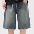 thumbnail image 4 of Men's Baggy Jean Shorts Below Knee Length Loose Fit Denim Shorts Y2K Streetwear Jorts 90s Vintage Wide Leg Short Pants, Elastic Waist Drawstring, 4 of 7