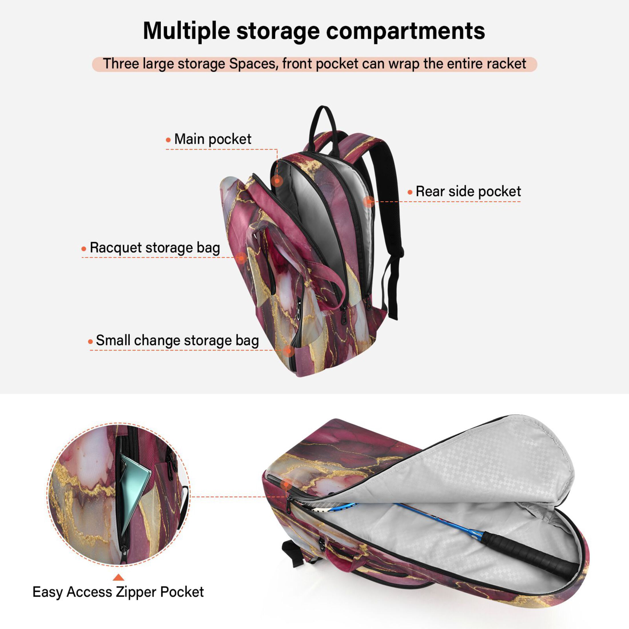 2 Racquet Holder Tennis Backpack Tennis Racket Covers Gym Bags Wine-red Marble
