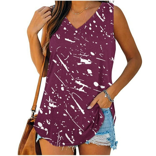 Womens Print Tank Tops V-Neck Basic Casual Flowy Summer Sleeveless T-Shirt
