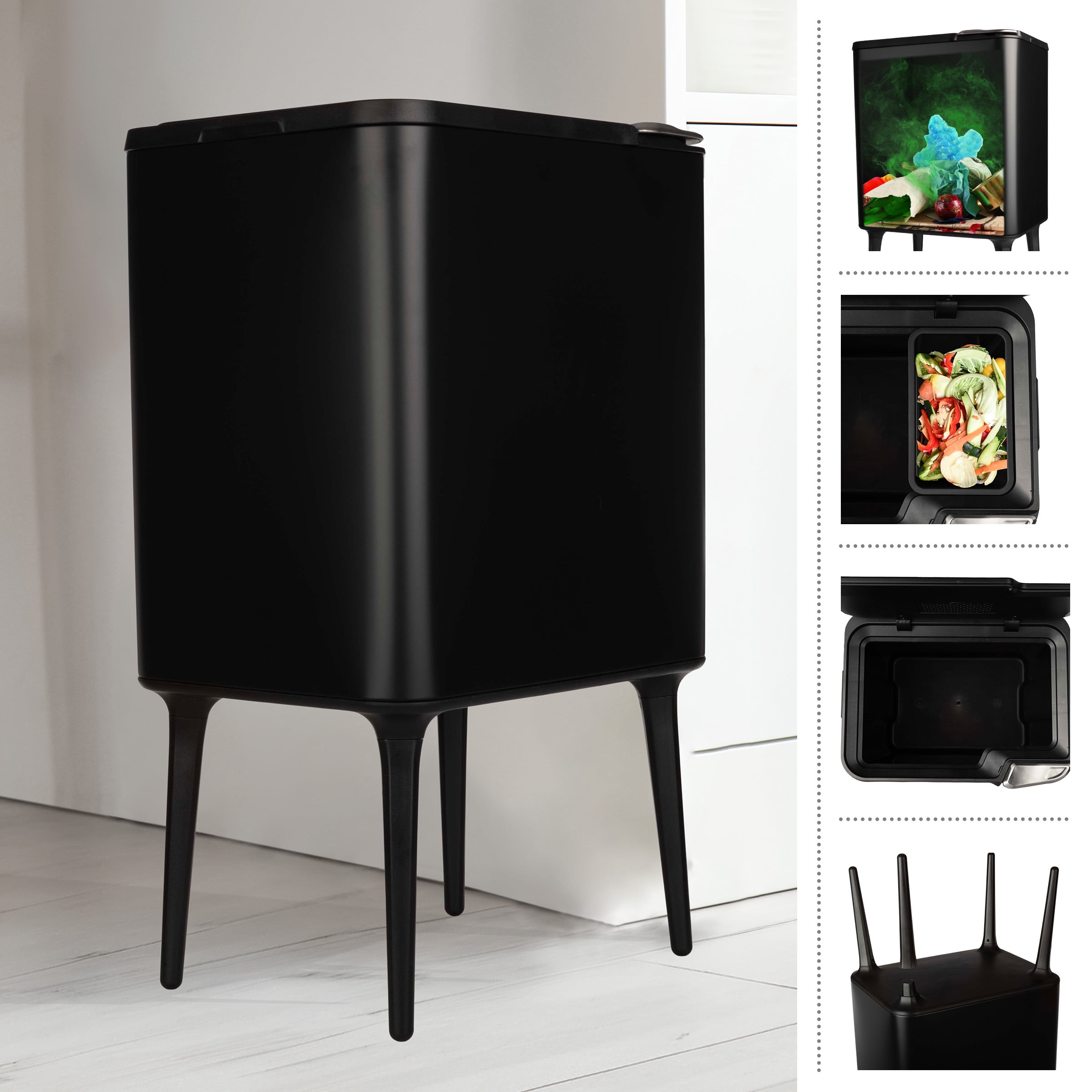 Home-Complete 8.7-Gallon Polypropylene Trash Can with 3L Recycling/Compost Bin (Black)