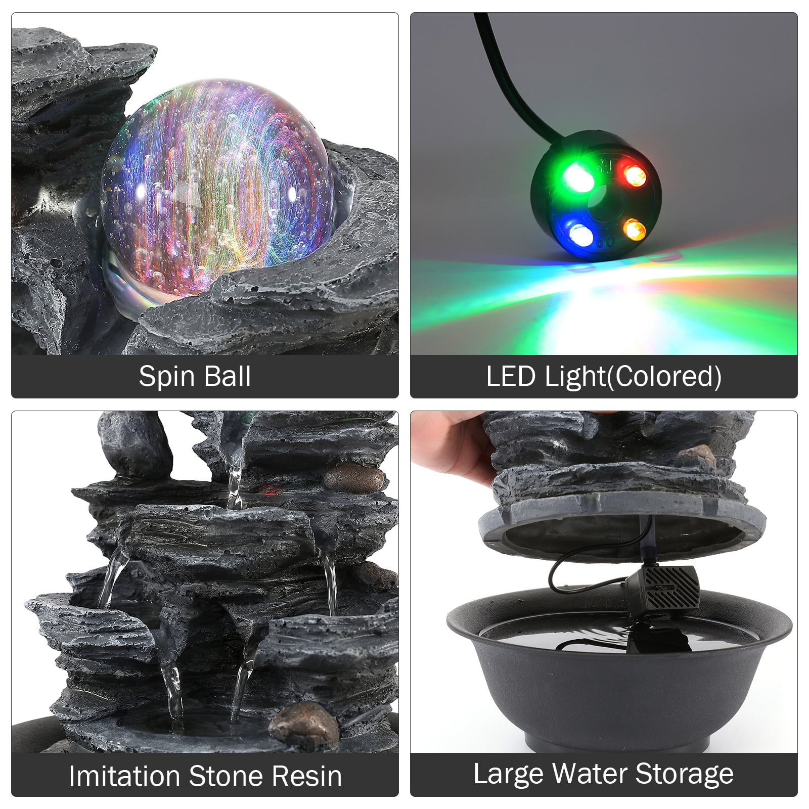BEAMNOVA 10.2"Tall Tabletop Water Fountain, 3 Tier Rockery Waterfalls Indoor Fountain with Rolling Ball, Colored Light