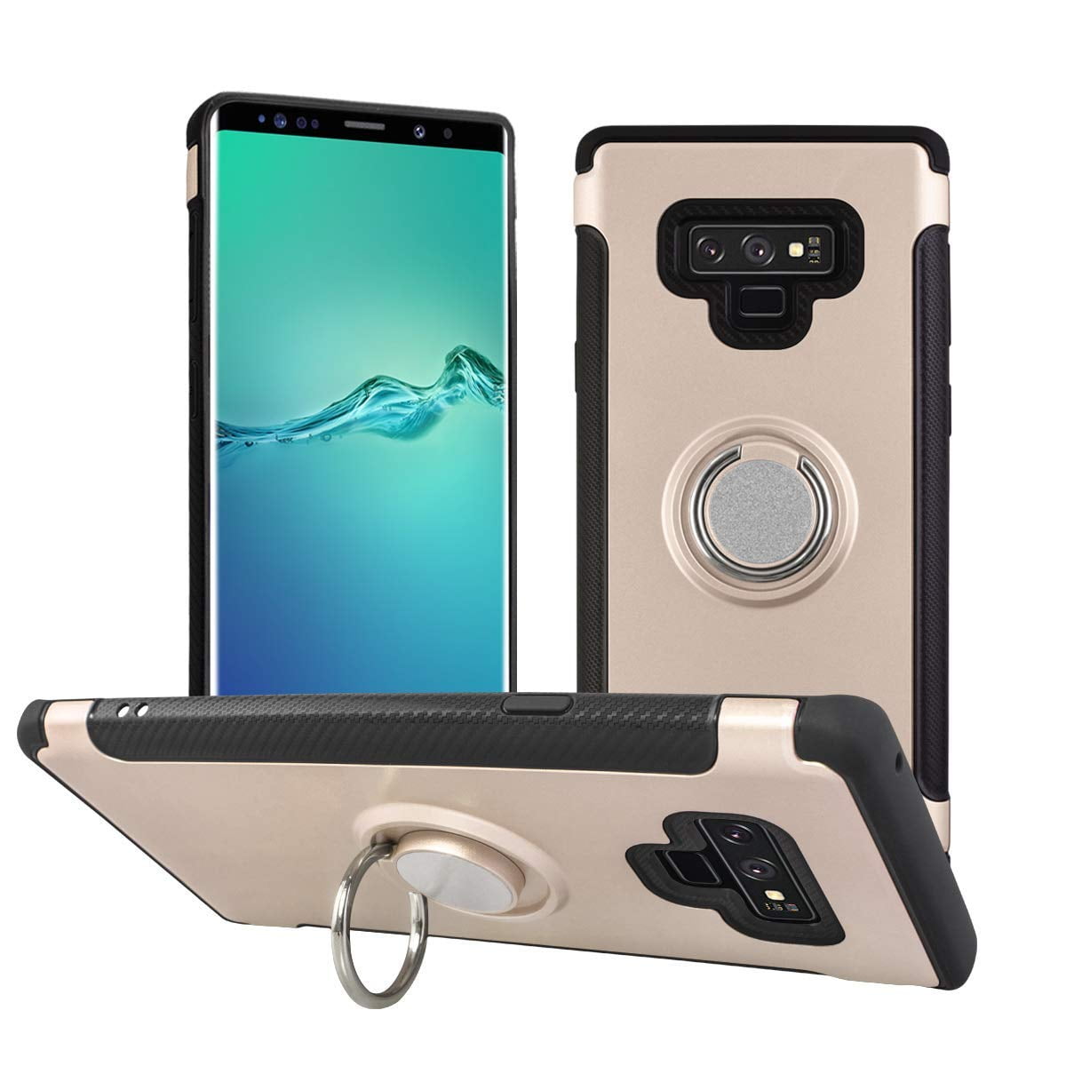 SOATUTO For Samsung Galaxy Note 9 2018 Phone Case , TPU + PC Mixed Double case, Suitable for Samsung Galaxy Note 9 Full Body Heavy Duty Protection 360 Rotating Metal Hidden Ring Bracket - Gold