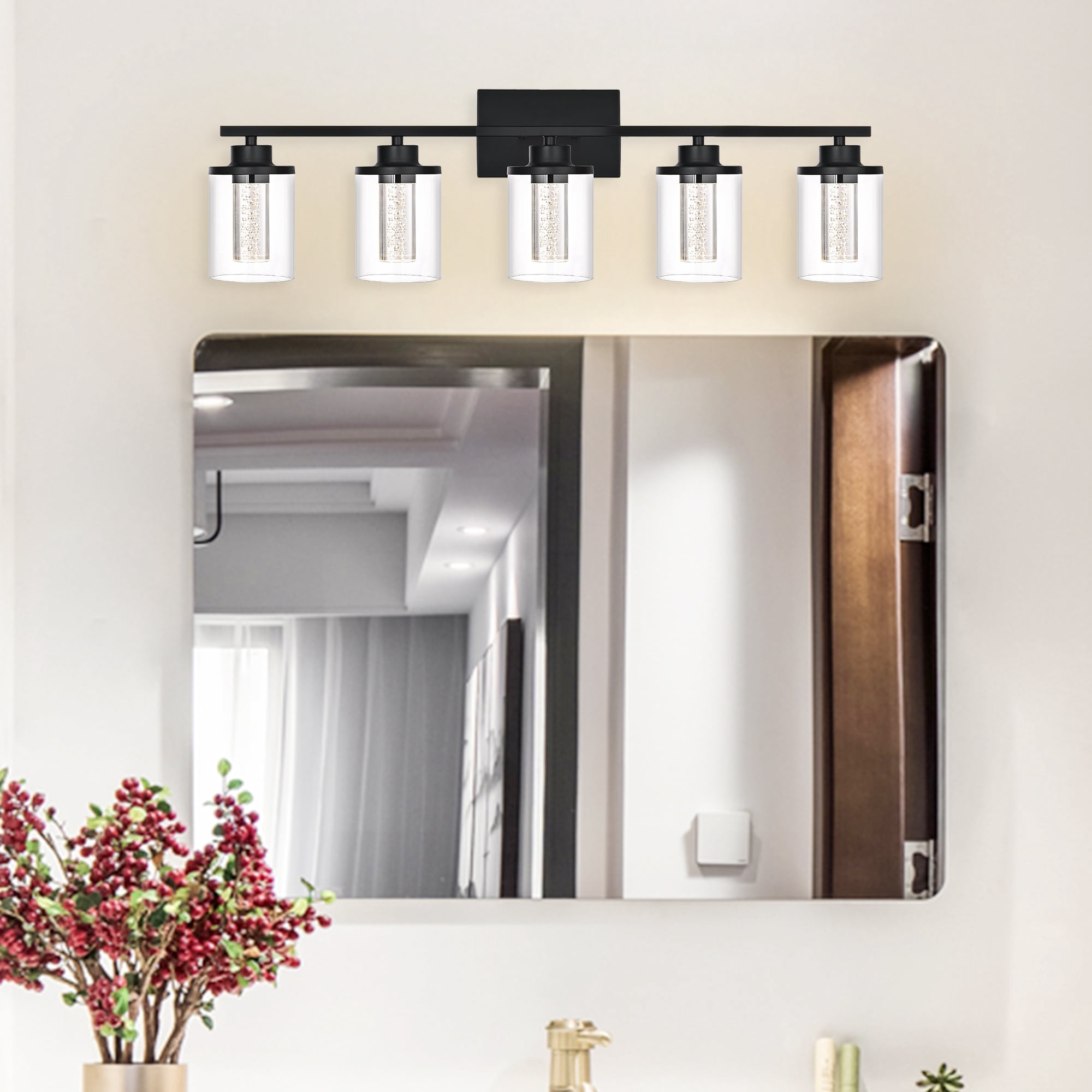 Melucee 5CCT Dimmable LED Black Vanity Lights 5-light, Modern Vanity Lighting Fixtures with Crystal Light Columns and Clear Glass for Bathroom Bedroom