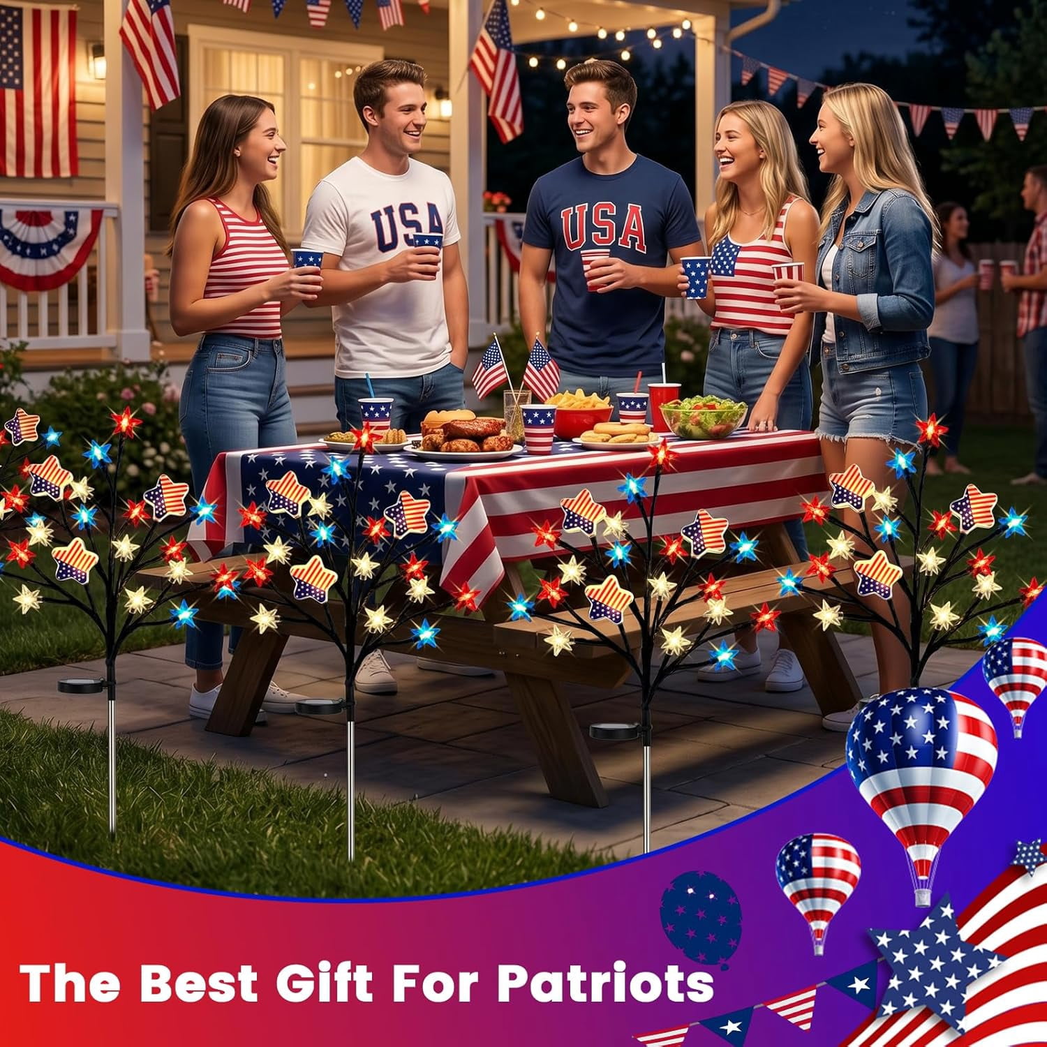 4th of July Decor Outdoor, 2 Pack Red White Blue Star Solar Garden Lights with 8 Modes, Twinkle Star Tree Lights Pathway Lights Outdoor Waterproof, Patriotic Lights for Independence Day Memorial Day