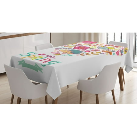 

Hello Tablecloth Doodle Style Hello Spring Quote Printed with Heart Shaped Frame of Animals Flowers Rectangular Table Cover for Dining Room Kitchen 52 X 70 Inches Multicolor by Ambesonne