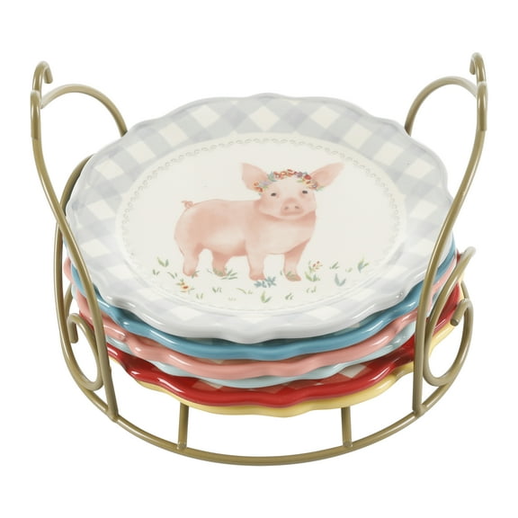 The Pioneer Woman Novelty 7-Inch Plates with Rack, 7-Piece Set