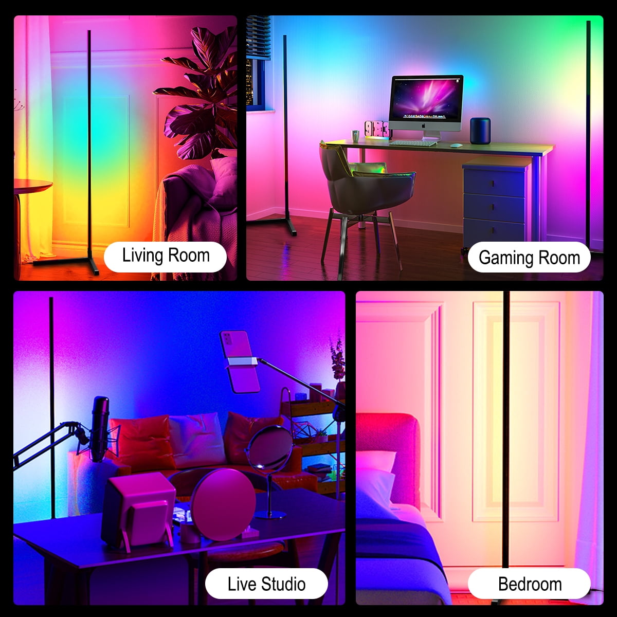 Fisca 62'' Metal RGB Corner Floor Lamps for Living Room and Bedroom, Color Changing LED Lights, APP and Remote Control LED Lamp
