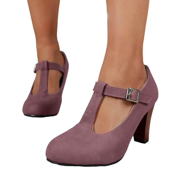 Women T-Strap High Heels Fashion Platform Round Toe Adjustable Strap Pumps Leather Summer Sweet Dress Shoes Wine Size 7.5