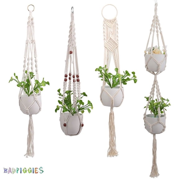BadPiggies Macrame Plant Hangers, Hanging Planter Handmade Plant Holder Stand Cotton Rope 4 Legs Flower Pots Boho Indoor Outdoor Home Decor (Type D 55.1")