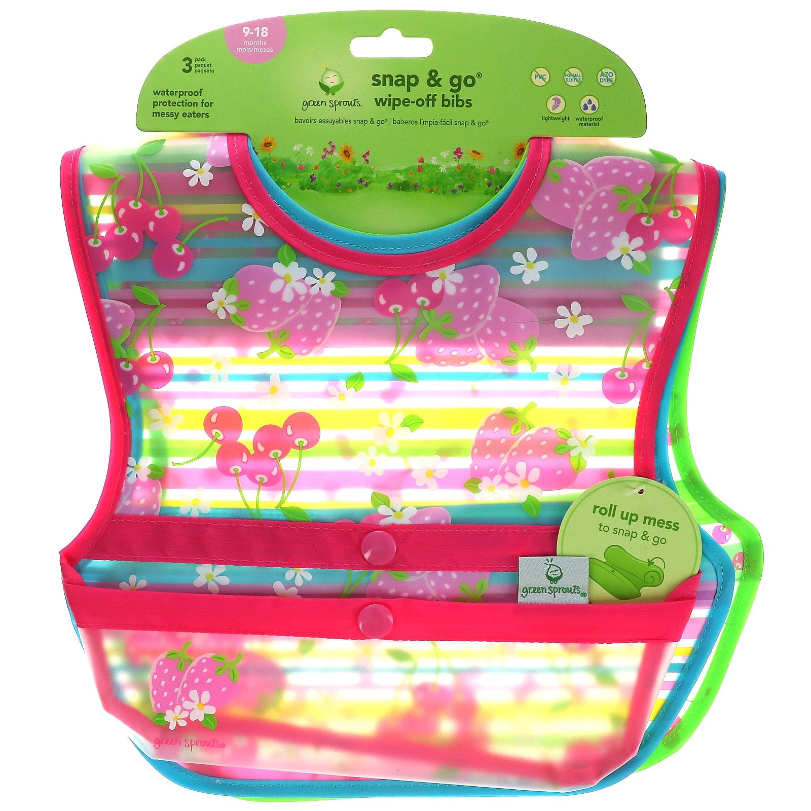waterproof protection for messy eaters Interchangeable tops to keep baby dry 4pc set Neatly roll up for mess & utensil storage green sprouts Snap & Go Silicone Food-catcher Bib | 3 meal 