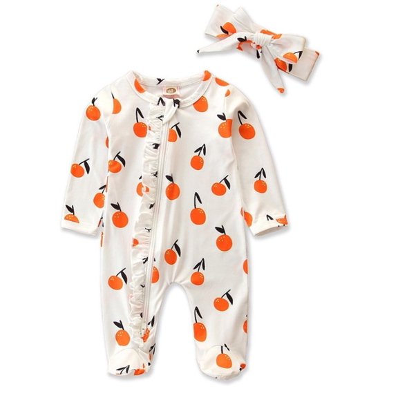 Baby Girls Orange Print Ruffle Zipper Footie with Headband
