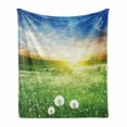 thumbnail image 1 of Spring Soft Flannel Fleece Throw Blanket, Dandelion Flower Field Meadow Rural Grass Vivid Sunset Clouds Idyllic Image, Cozy Plush for Indoor and Outdoor Use, 50" x 60", Lime Green Blue, by Ambesonne, 1 of 6