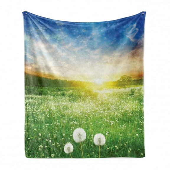 Spring Soft Flannel Fleece Throw Blanket, Dandelion Flower Field Meadow Rural Grass Vivid Sunset Clouds Idyllic Image, Cozy Plush for Indoor and Outdoor Use, 50" x 60", Lime Green Blue, by Ambesonne