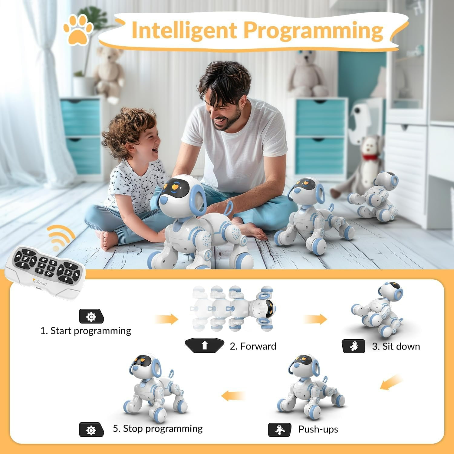 Ficcug Remote Control Robot Dog for Kids, Intelligent Programmable Interactive Puppy Pet Toys with Touch Sensing,Dance & Music,Gift for 3 4 5 6+ Ages Boys Girls,Blue