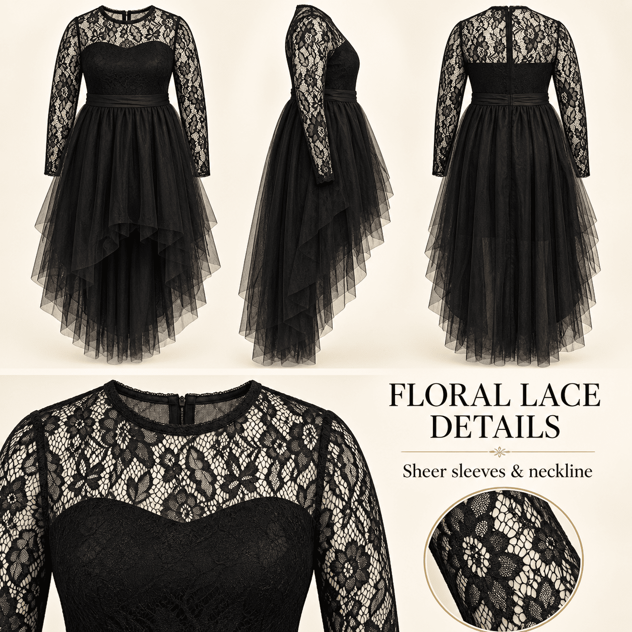 Plus Size Women High Low Tulle Prom Dress Long Sleeve Hollow Floral Lace Ruched Waist Ruffle Tiered Evening Party Gown