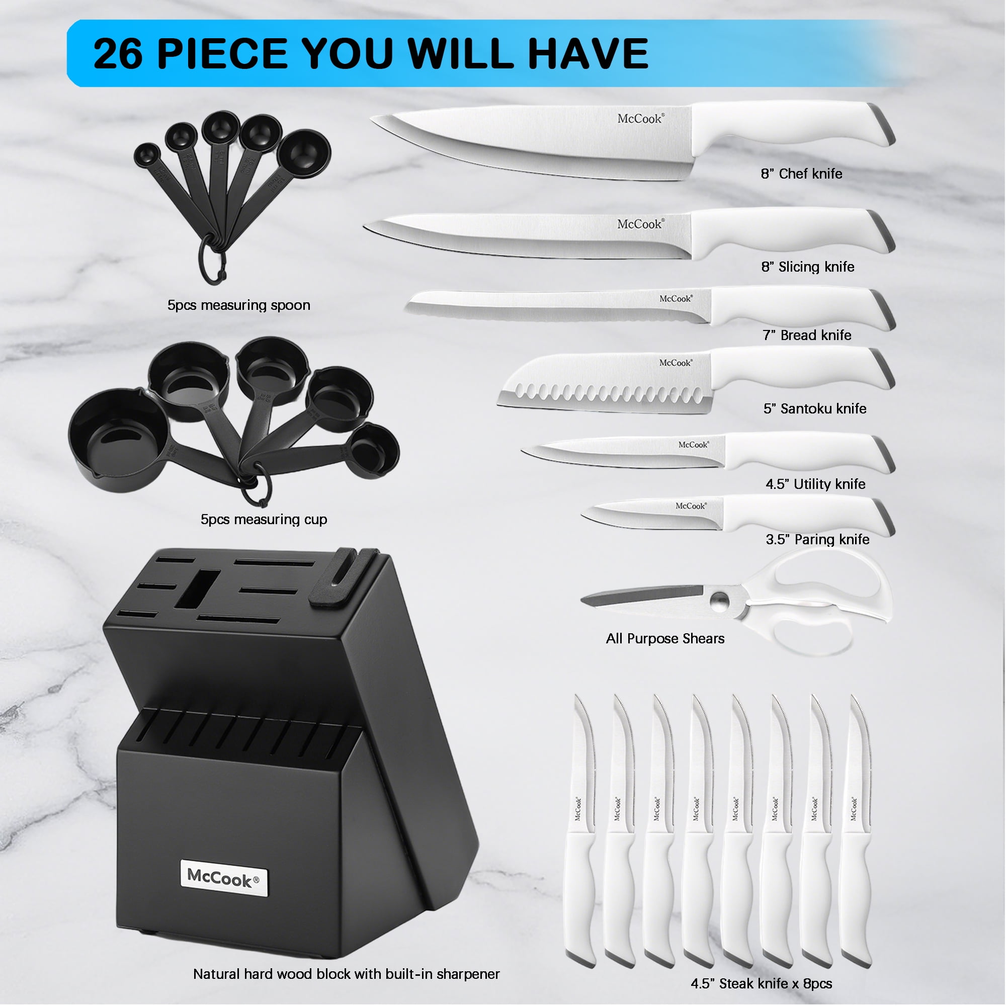 McCook Knife Set with Block, 26PCS Ultra- Sharp Cutlery Knife Set with Steel Blades for Precise Cutting,8 Steak Knives with Built-in Knife Sharpener,Measuring Cups and Spoons