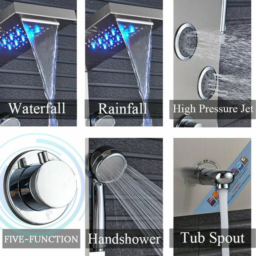 Senlesen Brushed Nickel Shower Panel Tower LED Rain Waterfall Massage System Body Tub Tap