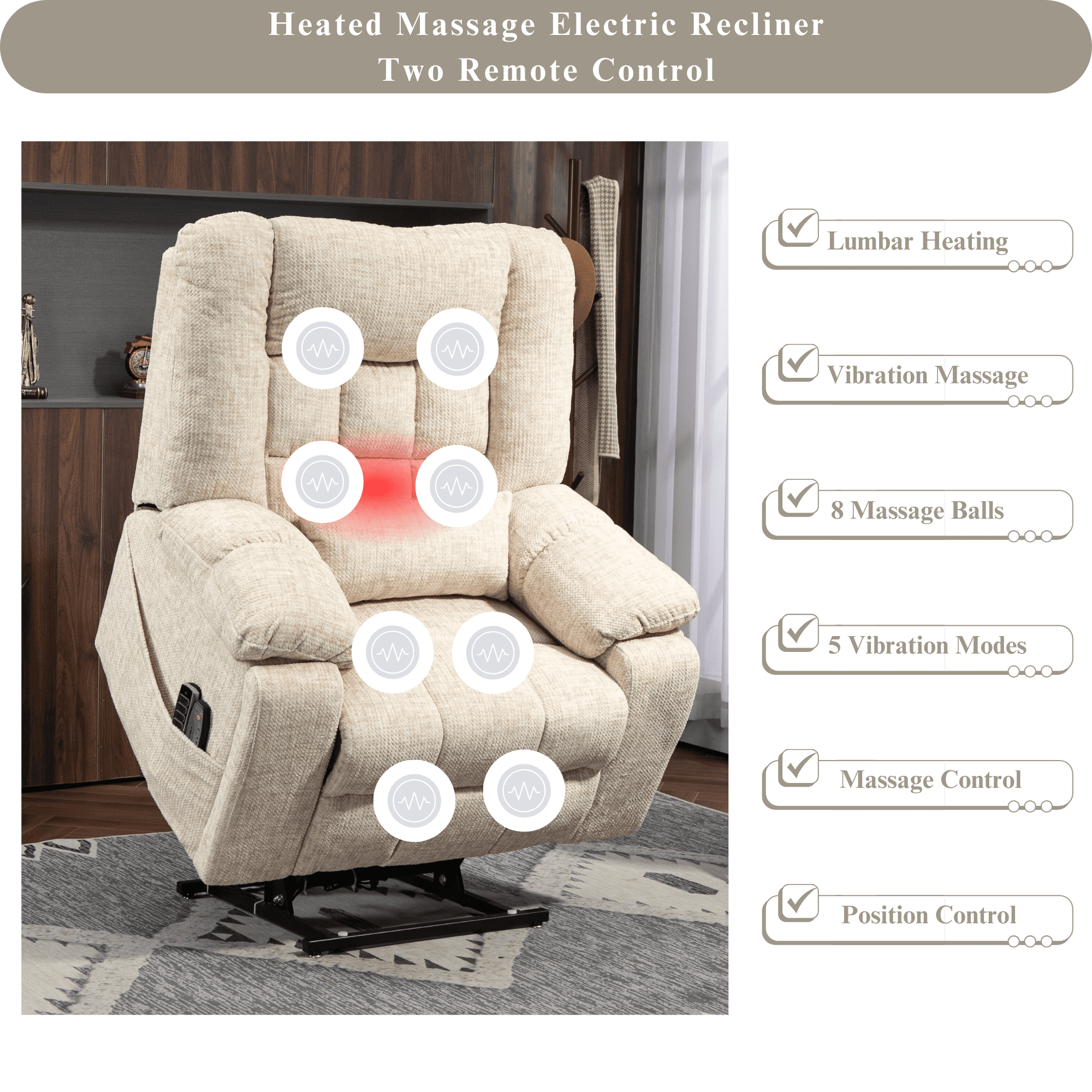 JUUXO 4-Motor Power Lift Chair with Heat & Massage - Power Adjustable Headrest, Backrest, Lumbar & Footrest - 27-inch Wide Seat Lay Flat Recliner with Cup Holders - Big Tall 400 lbs