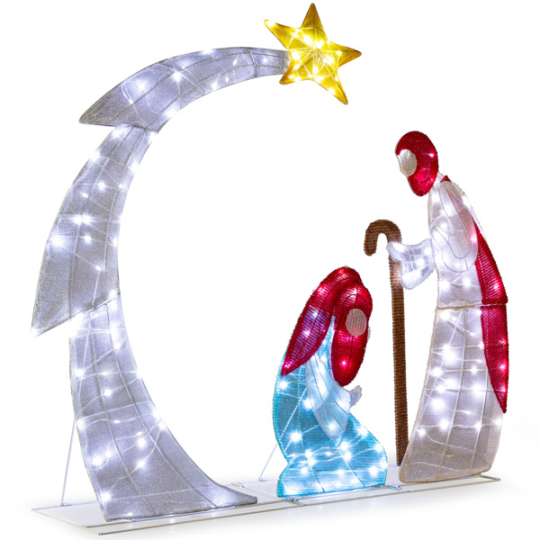 48in Lighted Outdoor Nativity Scene, 170 White LEDs, Classic Silhouette (Moon + Star), Collapsible with Ground Stakes for Indoor/Outdoor Use