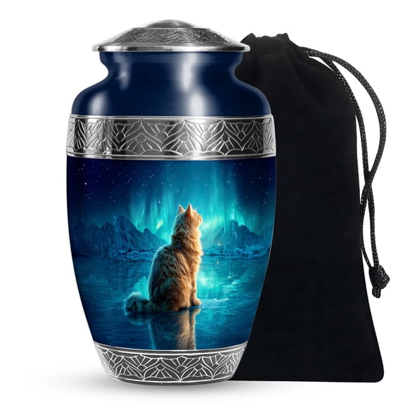 JAGASY Cat Funeral Urn for Ashes, Blue Urns for Human Ashes for Women, Northern Lights & Ice Mountain Decorative Large Urns for Siblings, Green Handmade Cremation Urn for Brother, (10 Inch)