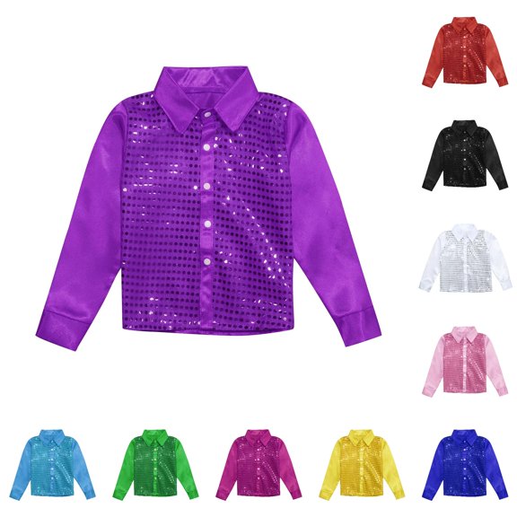 FINALGANG Kids Boys Girls Lapel Collar Long Sleeve Sequin Stage Performance Button Shirt Daily Party Regular Fit Glossy Casual Tops For Young Children Fashion Top Purple 3-4 Years