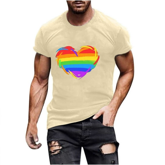 Busydd Pride Shirt Men LGBTQ Proud Rainbow Heart Graphic Tees Casual Comfy Short Sleeve Cotton T Shirts for Man Versatile Round Neck Summer Tops S