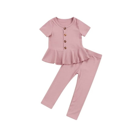 

2Pcs Infant Baby Girls Solid Outfits Short Sleeve Round Neck Ruffle T-shirt Tops + Pants Clothes Sets