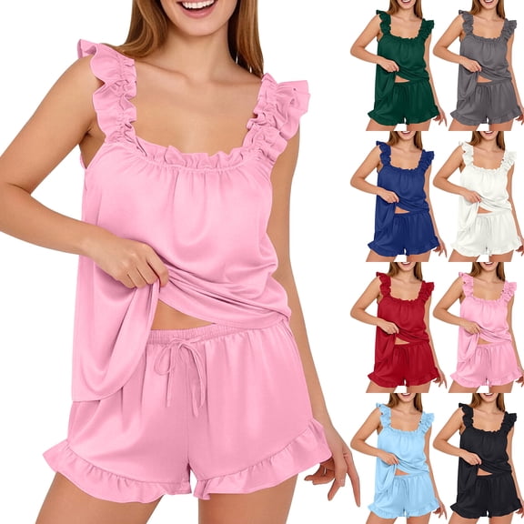 Womens Pajamas Set 2 Piece Ruffle Pj Soft Tank Top and Shorts Sleepwear Set Bridal Pajama for Summer Nightwear Black L