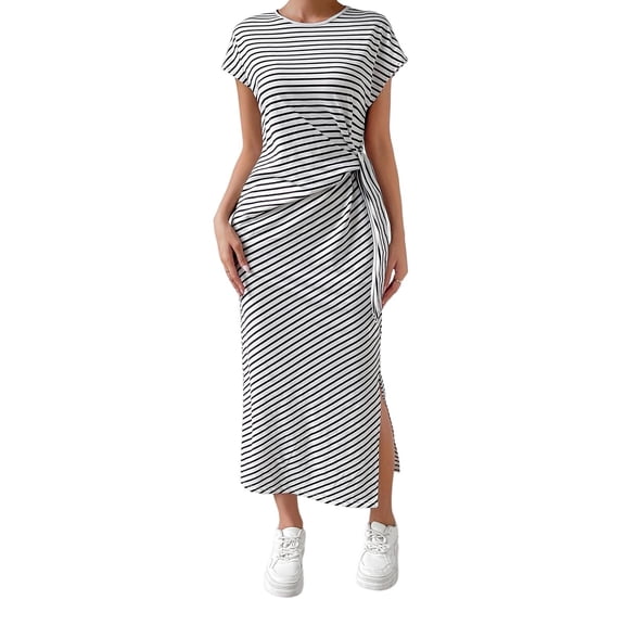 XIYON Dresses For Women Striped Bodycon Dress Side Slit Casual Crew Neck Slim Fit Midi Dress For Daily Wear And Outings Going Out Dresses