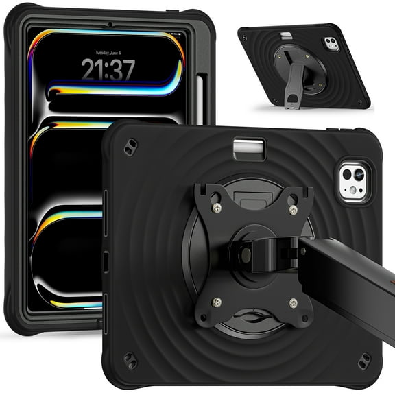 ELEHOLD Rugged Case for iPad Air 11 (2025/2024) , iPad Pro 11 Inch 4th/3rd/2nd/1st, VESA Mount Compatible , 3-Layer Heavy Duty Shockproof Cover Kickstand Full-Body  Shell With Strap,Black