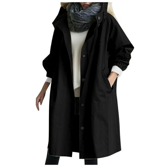 DuoJiaJ Women's Casual Mid Length Trench Coat Belted Waist Long Sleeve Outerwear Womens Down Coat Black L