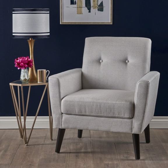 Light Grey Mid-Century Modern Fabric Club Chair With Tufted Back And Black Legs