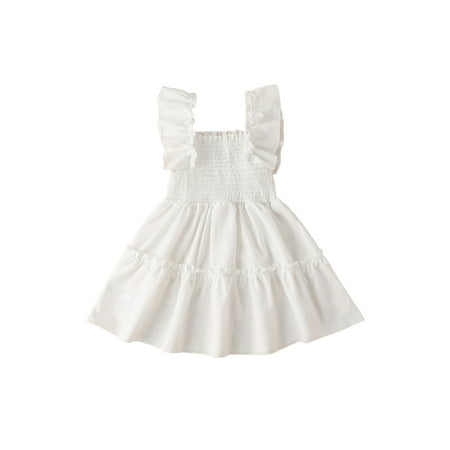 

Bowanadacles Toddler Solid Color Dress Girls Summer Smocked Square Collar Fly Sleeve Ruffle One-piece