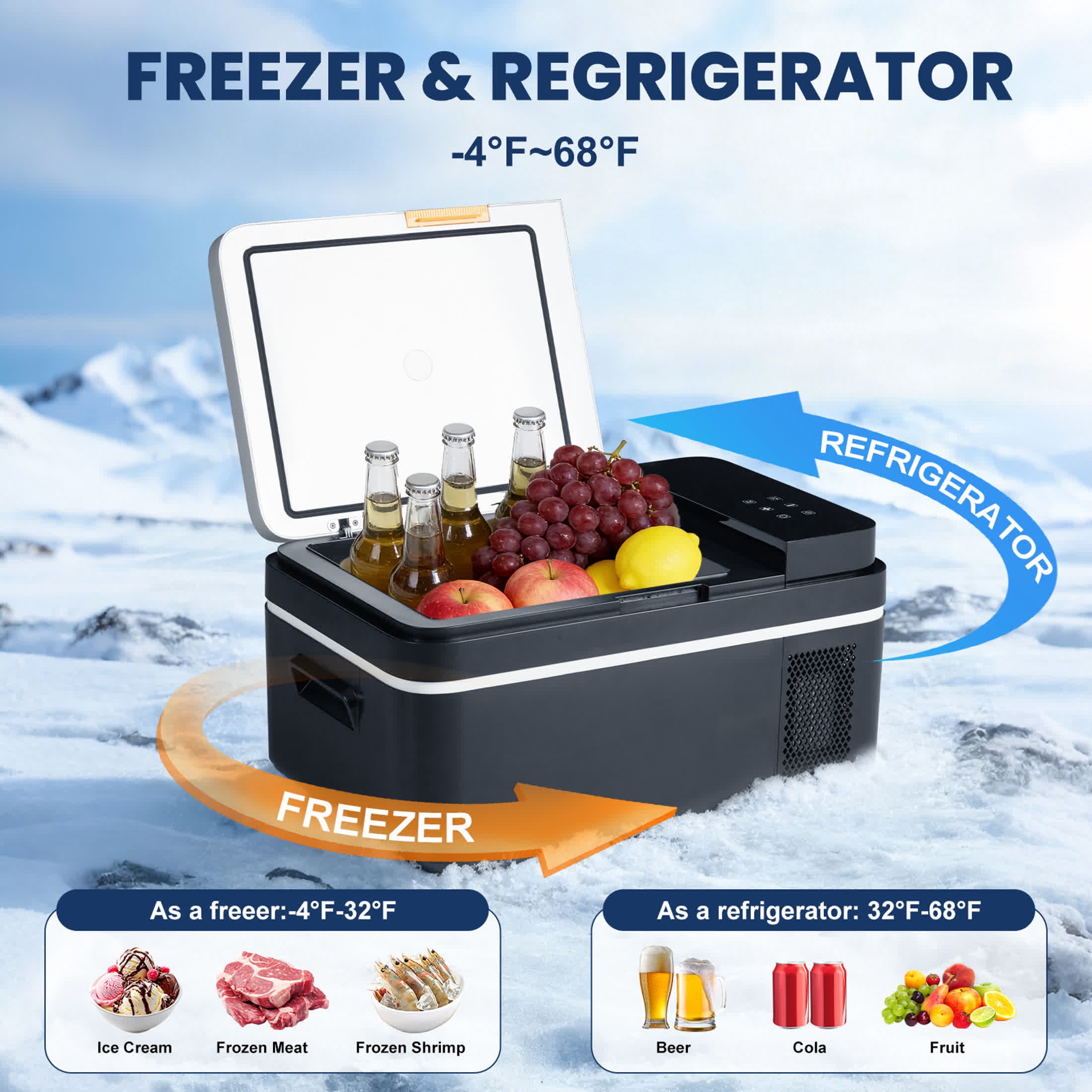 edx 21QT Car Refrigerator, Portable Freezer with -4°F~68°F Adjustable Range, Mini Fridge for 12V/24V DC, Portable for Travel, Camping, Truck
