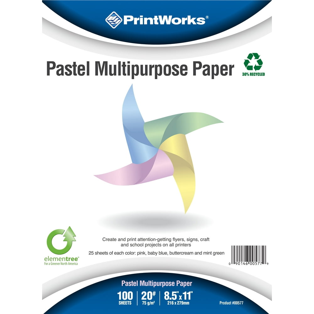 Printworks Pastel Paper, 20 lb, 4 Assorted Pastel Colors, 30 Recycled